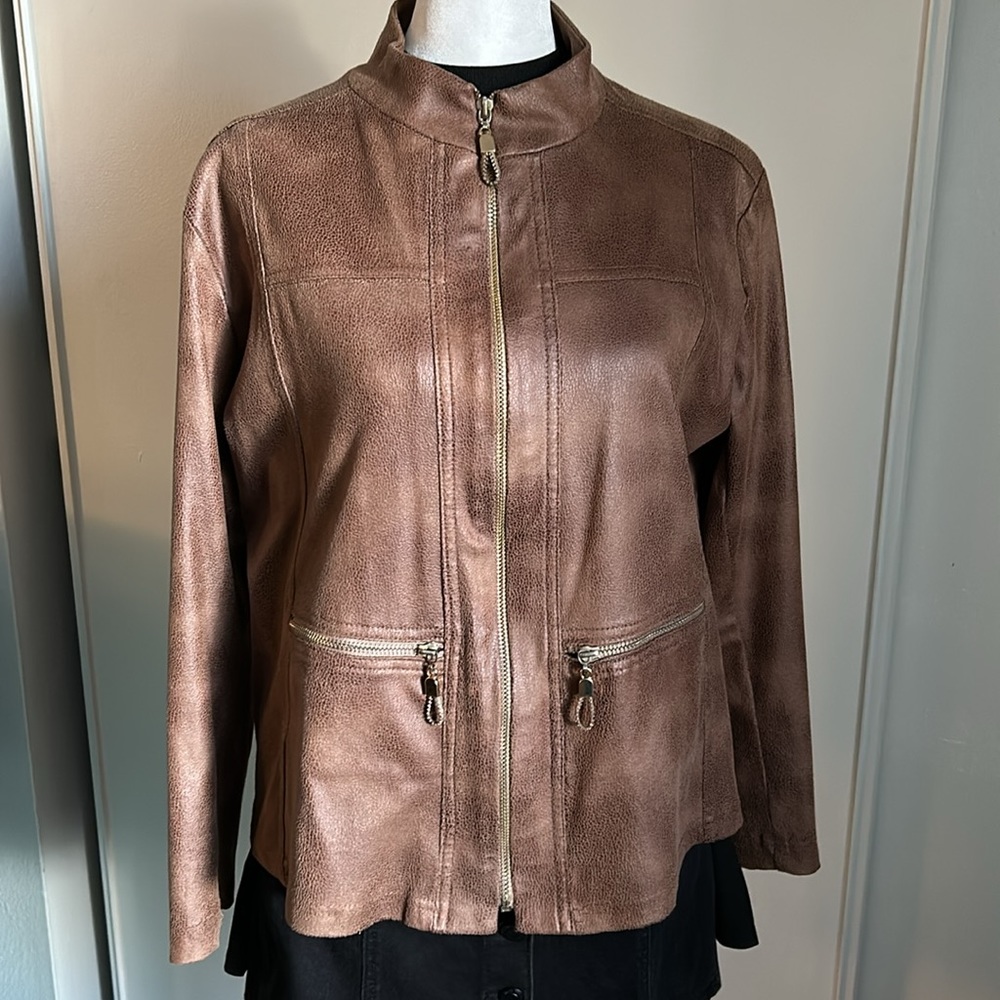 Monaco Blue Vintage Vegan Micro Suede Textured Brown Moto Style Zip Up Jacket